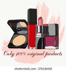 set of cosmetics - lipstick, lip gloss, powder, and nail polish. vector illustration for promotional items - booklets, brochures, leaflets or banner