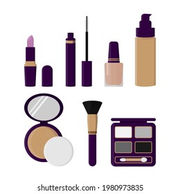 A set of cosmetics. Lipstick, mascara, nail polish, foundation, compact powder, powder brush, eyeshadow. Flat vector illustration