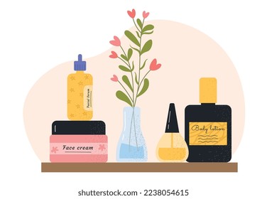 Set of cosmetics. Lotions and sprays in colorful packages stand next to vase of flowers. Comfort and coziness in apartment and home, element of decor and interior. Cartoon flat vector illustration