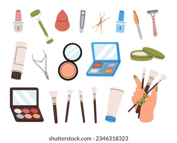 Conjunto de cosméticos. Herramientas de maquillaje y belleza. Sombra ocular, polvo, brochas, brillo de labios, polvo, crema, labio labial, cimiento, rímel, suero facial.