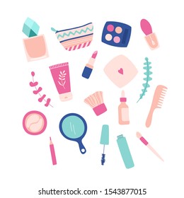 Set of cosmetics for makeup, facial skin care. Cream, powder, mascara, lipstick, perfume, eye patches, cosmetic bag, mirror, comb, eyeshadow palette. Vector hand-drawn illustration.