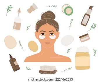 Set of cosmetics for makeup, facial skin care. Cream, powder, mascara, lipstick, perfume, eye patches, cosmetic bag, mirror, comb, eyeshadow palette. Vector hand-drawn illustration.