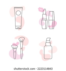 Set cosmetics for make-up. Fashionable makeup accessories lipstick, blush and eyeshadow brushes, cream base and foundation for an even skin tone. Vector thin line illustration. Women's style