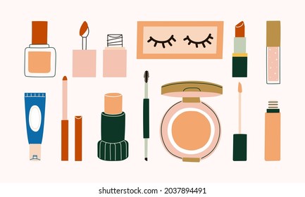 Set of cosmetics makeup with foundation, lip tint, artificial eyelash, lipstick, lip gloss, lip liner, concealer, brow pencil, cushion, and concealer illustration.