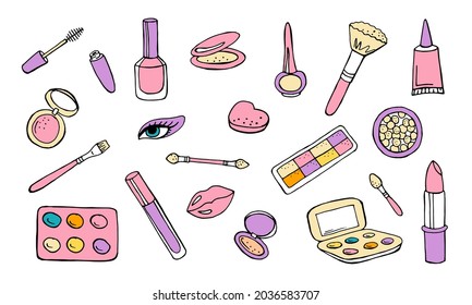 Set of cosmetics for make-up hand drawing sketch in color isolated on white background. Mascara, eyeshadow palette, lipstick and brushes. Stock vector illustration. 