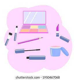 A set of cosmetics and makeup. Isolated vector color image on a pink background.