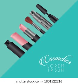 set of cosmetics makeup with lettering vector illustration design