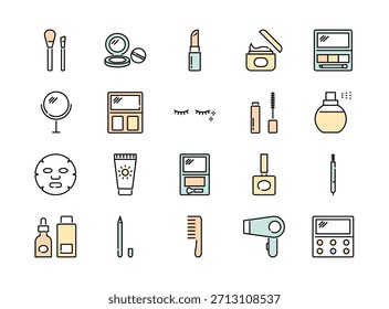 Conjunto de cosméticos e ícones de linha de maquiagem. Ilustração vetorial colorida.