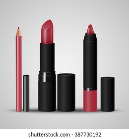 Set of cosmetics for make-up lips. Lip liner, lipstick, crayon. Vector illustration