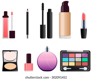 Set of cosmetics for makeup. Lipstick and eye shadow. Vector illustration