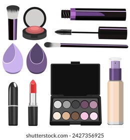 Set of cosmetics mascara, brushes, blush, eye shadow, foundation, sponges, lipstick, isolated on a white background. Vector cosmetics collection.