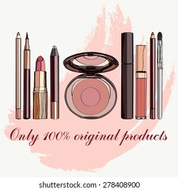 set of cosmetics:  mascara, concealer,  lip gloss and a few lipsticks. vector illustration for promotional items - booklets, brochures, leaflets or banner