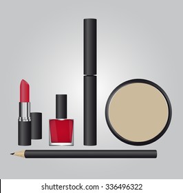 A set of cosmetics. Mascara for the eyes. The pencil black. Red lipstick for lips. The red nail Polish. face Powder