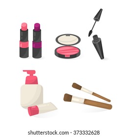 set of cosmetics, mascara, lipstick, blush, brushes