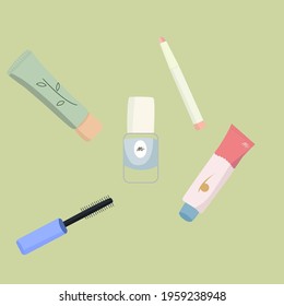 Set of cosmetics mascara, tube of cream, nail polish, eyeliner or lip pencil vector flat illustration.