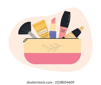 Set of cosmetics. Natural and organic products in handbag. Brush, lotion and spray, refreshing cream. Skin care, health, beauty and hygiene. SPA procedures concept. Cartoon flat vector illustration