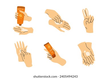 set of cosmetics on hand for sun protection in flat style. Vector illustration isolated, Set included different hands, top view. 