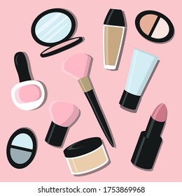 Set cosmetics on a pink background