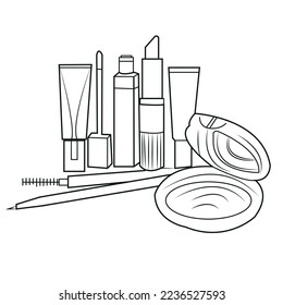 Conjunto de cosméticos de un plano vectorial de línea.  Múltiples ípticos, rímel, rubor, pinceles de maquillaje. eps10