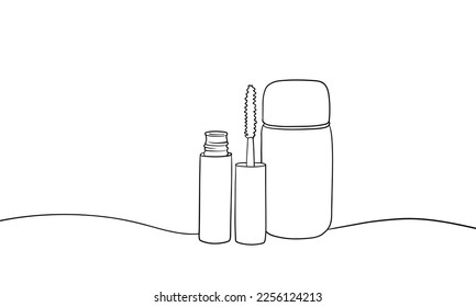 Set of cosmetics outline. Makeup brushes continuous one line drawing. Decorative cosmetics on white background