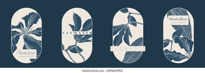 Set for cosmetics. Packing concept with clematis flowers. Natural, eco, bio cosmetics isolated on white background. Vector illustration of a sketch style.