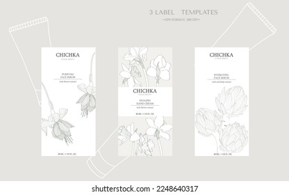 Set für Kosmetika. Verpackungskonzept mit Blumen und Artischocken. Natürliche, ökologische, biologische Kosmetika einzeln auf weißem Hintergrund. Vektorgrafik eines Skizzenstils.