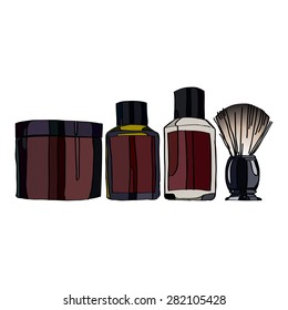 set of cosmetics for a perfect shave: cream, lotion, Shaving Brush, shaving gel