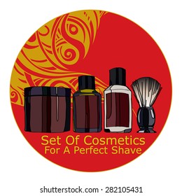 set of cosmetics for a perfect shave: cream, lotion, Shaving Brush, shaving gel. vector illustration for your design. tribal pattern in the circle