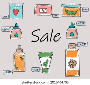 A set of cosmetics for personal care. Discount cosmetics. Clearance sale at a cosmetic store. Vector illustration with original design cream, soap, face mask, spray, hair mask, face serum.