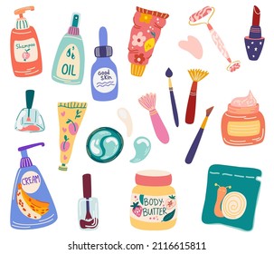 Set of cosmetics. Personalized beauty products. Shampoo, Cream, Face Mask, Patches, Lipstick, Oil, Makeup Brushes, Massage Roller. Skin products clipart. Facial and body skin care. Vector
