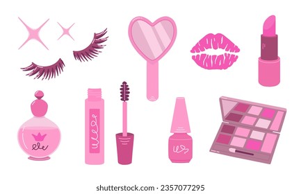 Conjunto de cosméticos en tonos rosas. Colección con perfumes, rímel, lápiz labial, brillo, espejo, pestañas y sombras. Ilustración vectorial plana.