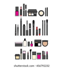 set of cosmetics. pomade. mascara. face powder. eye shadow. nail polish. Foundation. Makeup Brush