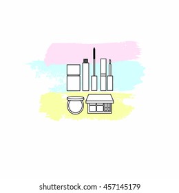 set of cosmetics. pomade. mascara. face powder. eye shadow. nail polish. Foundation. Makeup Brush