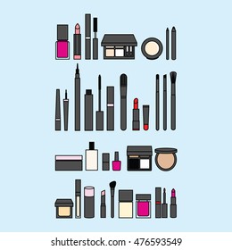 set of cosmetics. pomade. mascara. face powder. eye shadow. nail polish. Foundation. Makeup Brush
