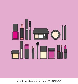 set of cosmetics. pomade. mascara. face powder. eye shadow. nail polish. Foundation. Makeup Brush