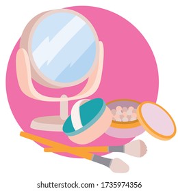 conjunto de cosméticos a partir de un espejo en polvo y pinceles de maquillaje, objeto aislado sobre un fondo blanco, ilustración vectorial,