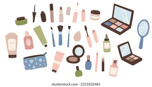 Set of cosmetics products. Collection of cosmetology decorative goods for makeup. Lipstick, mascara, powder, foundation for the face. Flat vector illustration.