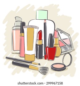 Set of cosmetics products for makeup. Drawing vector illustration