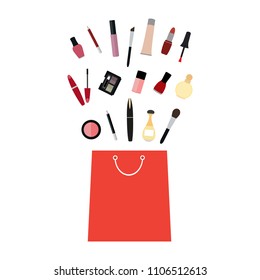 set of cosmetics in a red bag on a white background