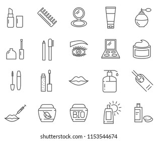 Set of cosmetics Related Vector Line Icons. Contains such Icons as mascara, lipstick, nail polish, foundation, makeup and more.  