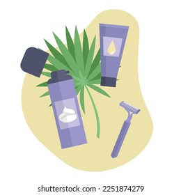 Set of cosmetics for shaving and razor on white background