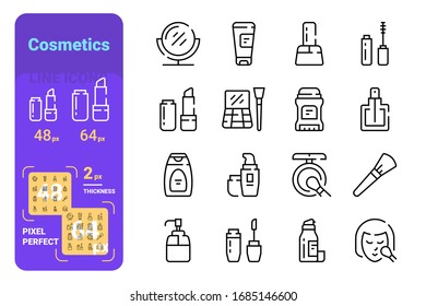 Set cosmetics simple lines icons of skin care and beauty. Concept collection modern symbols for shopping, internet, ad, web. Pixel perfect. Vector illustration.