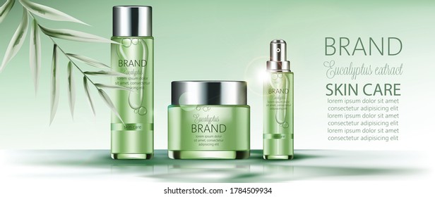 Set of cosmetics for skin care with place for text. Spray, cream, body milk. Palm leaf decoration. Eucalyptus extract. Realistic. Vector