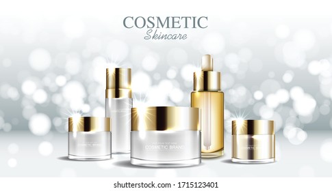 Set cosmetics or skin care product ads with gold bottle with background glittering light effect. vector design.