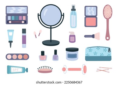 Set of cosmetics and skin care products in cute flat style. Decorative cosmetics, eye shadows, blush, concealer, mirror, cosmetic bag, nail polish, massager.