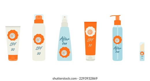 A set of cosmetics for skin care in the sun. Vector illustration.