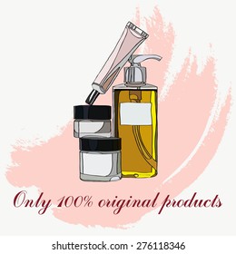 set of cosmetics for skin care. vector illustration for cosmetic banners, brochures and promotional items. Blank cosmetic tubes on pink textural background.