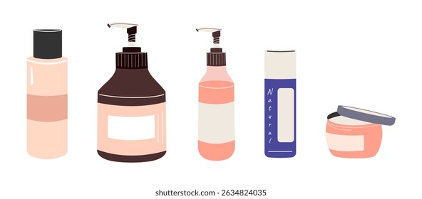 A set of cosmetics for skin and hair care. The container is a pump for shampoo, body gel, liquid soap, a jar for cream. A cosmetic bottle highlighted on a white background. Flat vector illustration.