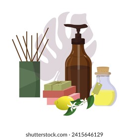 A set of cosmetics for spa treatments and personal care. Cosmetics and hygiene. For beauty salons and spas, postcards, brochures and covers, cosmetics stores, packaging. Vector illustration.