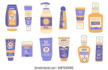 Set of cosmetics with SPF protection. Protection from sunlight. Products for the face, body and lips. Various cosmetics: lotion, cream, spray, lipstick in different forms. Collection of various vials